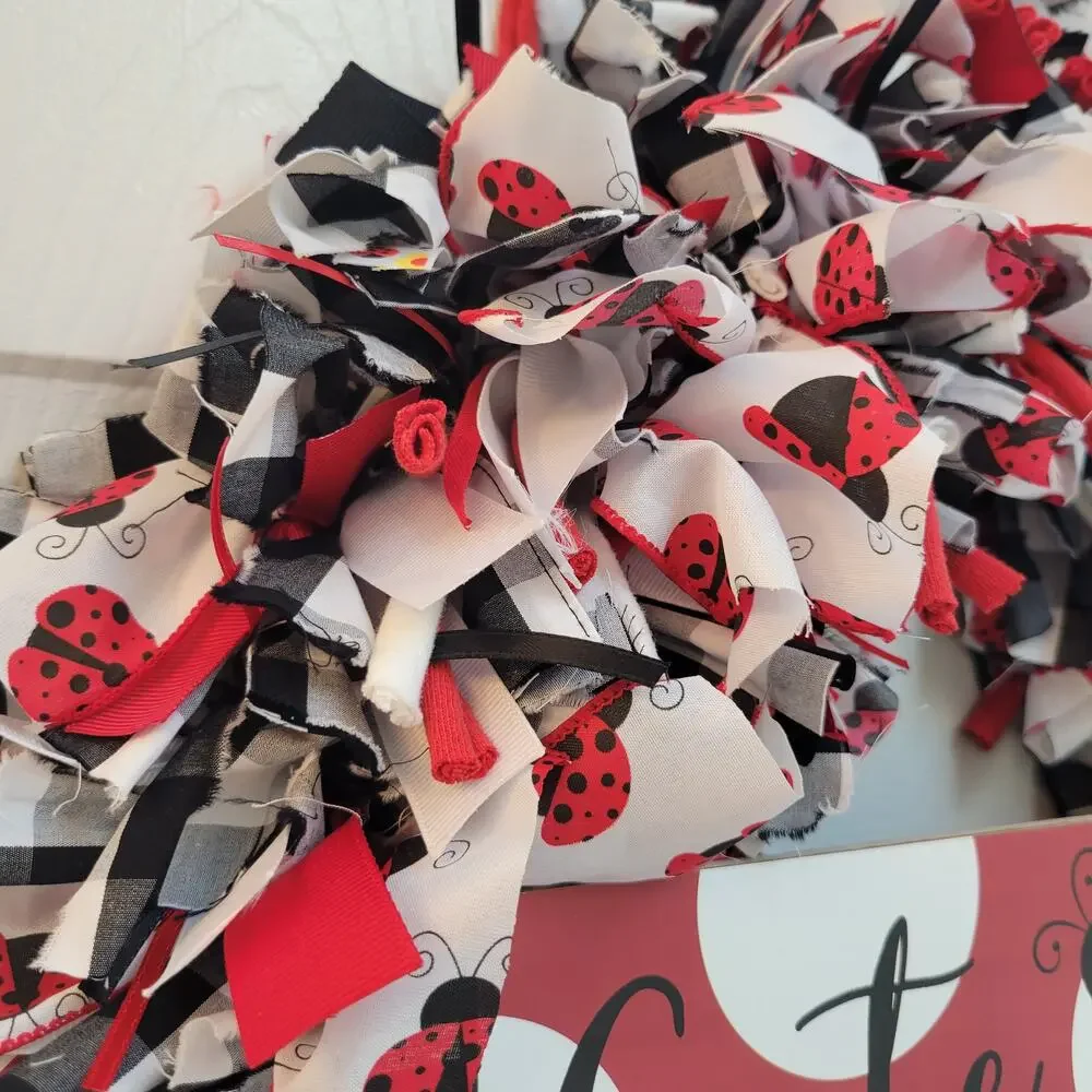 Cute as a Bug Handcrafted Rag Wreath Black White Red Ladybugs, 16
